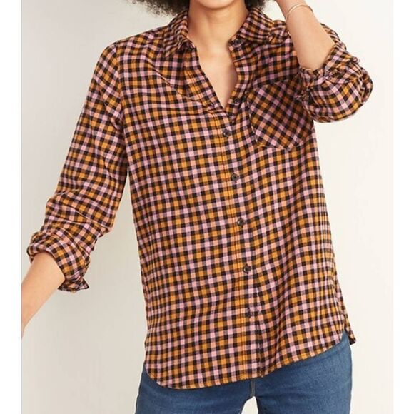 Old Navy Patterned Flannel Classic Shirt Women's Sz XL in Pink/Black/Orange Chec - Picture 1 of 6
